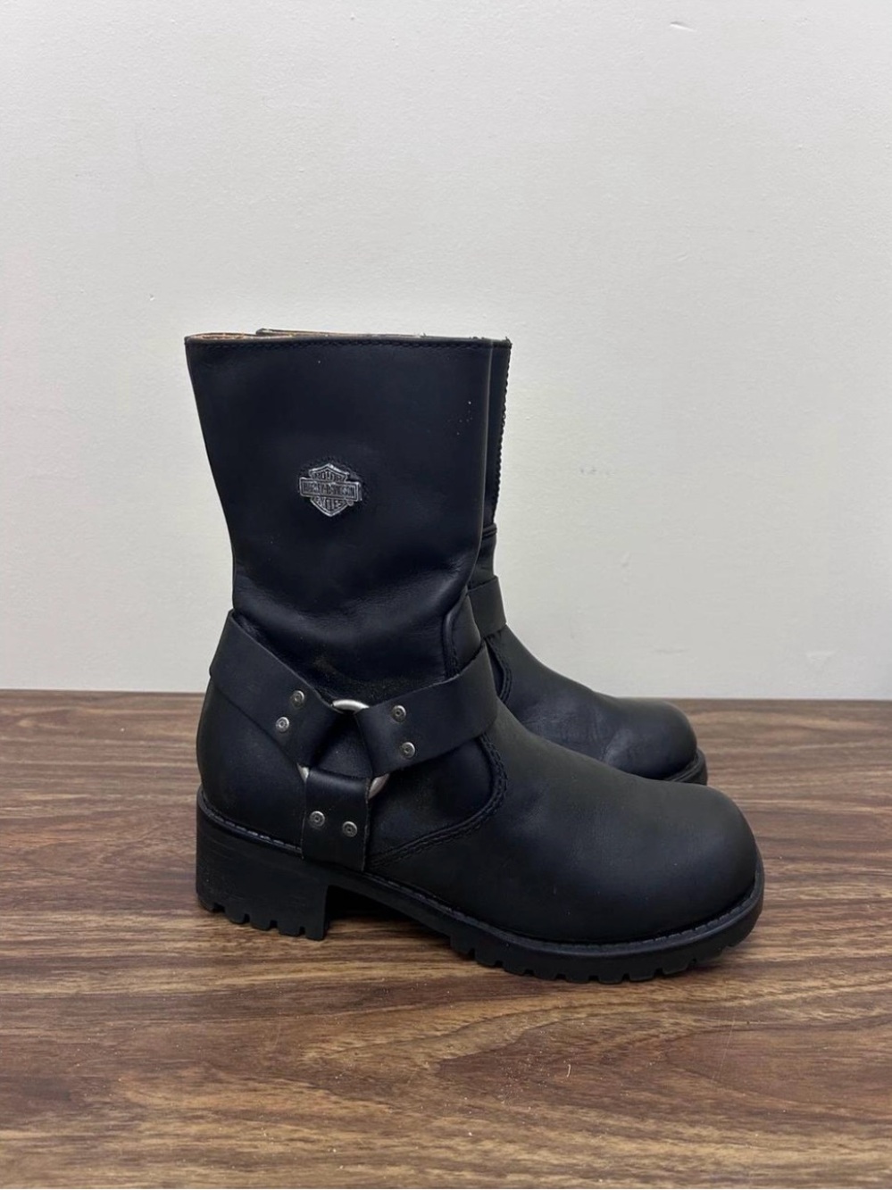 Harley-Davidson Black Leather Harness Mid-Calf Moto Boots